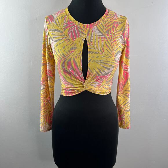 RED CARTER Yellow Pink Top Stretch Tropical Split Front Crew Neck Size Small S - Picture 2 of 12